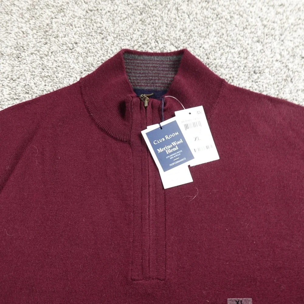 NEW Club Room Sweater Mens XL Red Burgundy Merino Wool Blend 1/4 Zip‎ Pullover